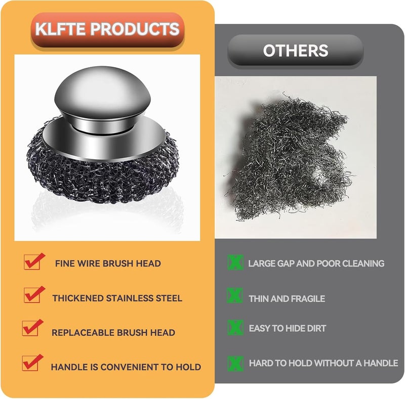 Klfte 2Pack Steel Wool Scrubber Set,Stainless Steel Scrubber with Stainless Steel Handle for Cleaning Dishes, Cast Iron, Stock Pots, Pans, Griddles, Grills - Image 2